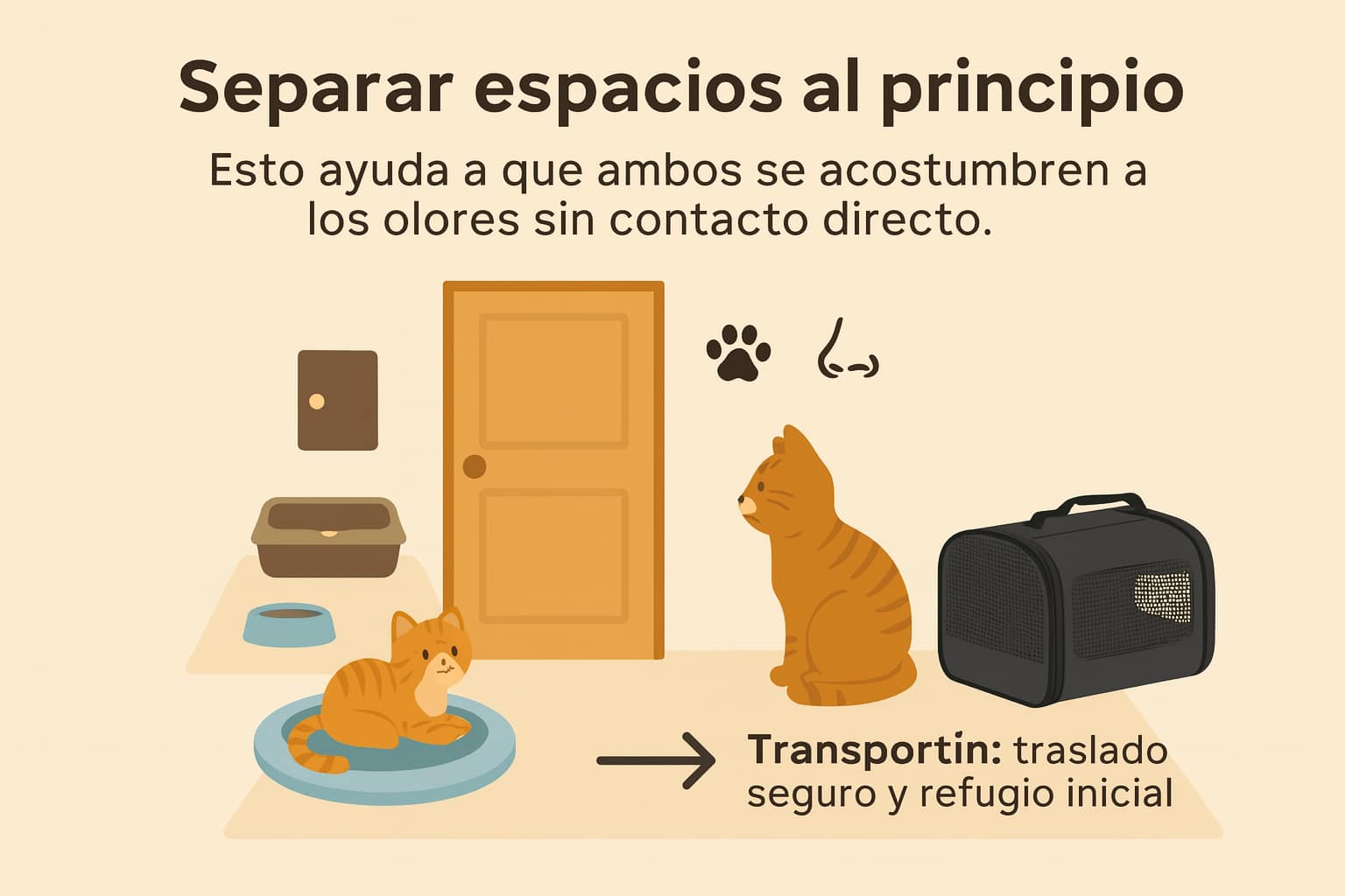 Separar espacios al principio
Mantén al gatito en una habitación con sus propios accesorios. Esto ayuda a que ambos se acostumbren a los olores sin contacto directo.